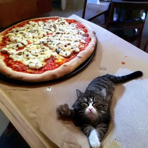 Prompt: a cat sleeping on a huge pizza