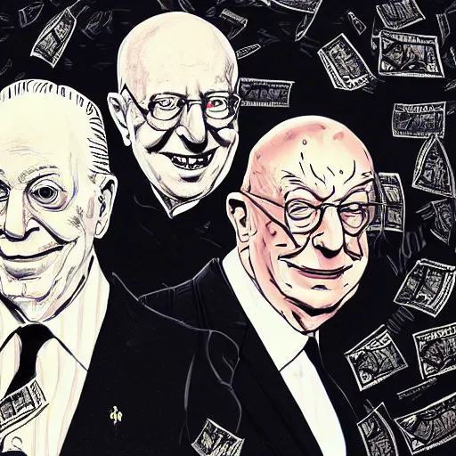 Image similar to Jacob Rothschild and george soros and Klaus Schwab by Ralph Steadman illustration dollar bills, body horror, evil, scribbles biopunk, 8k , trending on artstation