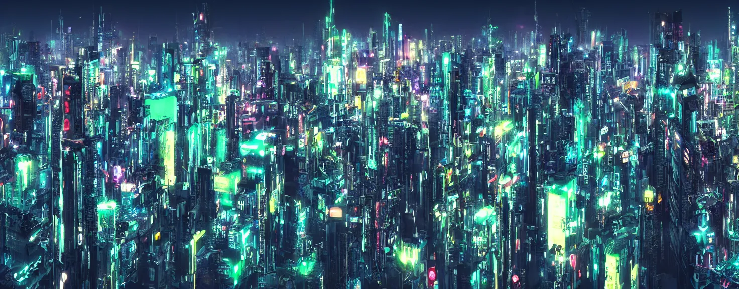 Prompt: a vast view of a cyberpunk city, bustling with life and neon lights, highly detailed, night time, neon skyscrapers