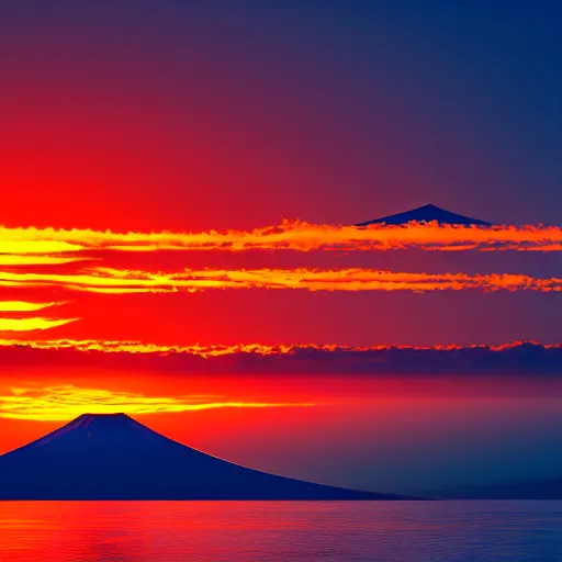 Image similar to mount fuji orange sun's rising from the horizon, 8 k, volumetric lighting, intricate, highly detailed, clear focus, beautiful, award winning, vivid color, real life