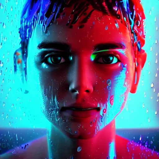 Prompt: cartoon portrait made out of rain, neon colors, rendered in octane, unreal engine, highly detailed, beautiful