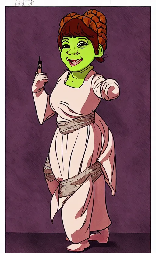 Image similar to shrek as Princess Leia, dramatic lighting, anime, style of Satoshi Kon,