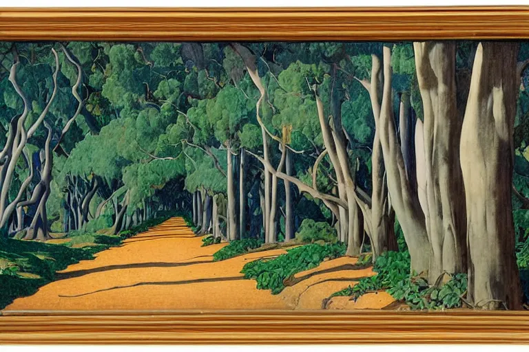 Prompt: masterpiece painting of eucalyptus trees along the road in the afternoon, by a. j. casson and john watkiss and edward okun and erin hanson and dan munford and maxfield parrish and j. c. leyendecker and giacomo balla, dramatic lighting