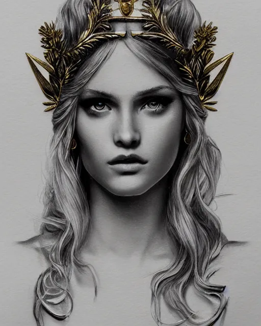 Image similar to tattoo design sketch of cute beautiful blonde super model as aphrodite greek goddess wearing a gold laurel wreath and triangle earrings, beautiful piercing gaze with sharp pupils, in the style of greg rutkowski, fantasy, amazing detail, epic, elegant, smooth, sharp focus, front view