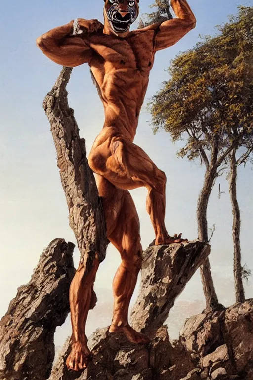 Prompt: a humanoid muscular man with a tiger mask stands on a rock by greg rutkowski, magic realism, hyper realistic, 2 0 0 mm lens