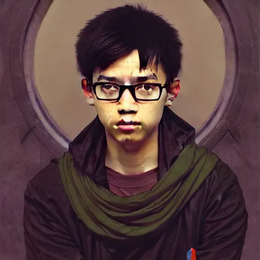 Prompt: portrait of depressed teen, ugly, nerds, hair looks like a helmet, straight stiff dry damaged hair, male, glasses, malaysian, asian, medium hair, oval face, olive skin color, art by Greg Rutkowski and Alphonse Mucha