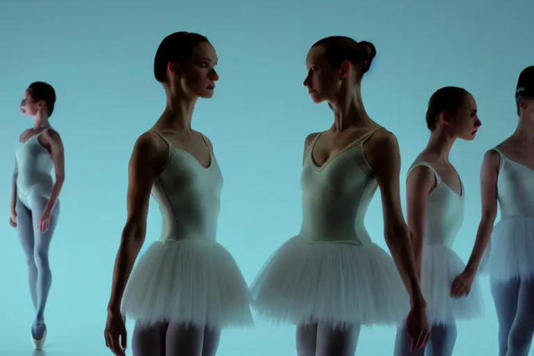 Image similar to vfx film closeup, futuristic ballerinas stand - off, flat color profile low - key lighting award winning photography arri alexa cinematography, hyper real photorealistic cinematic, atmospheric cool colorgrade