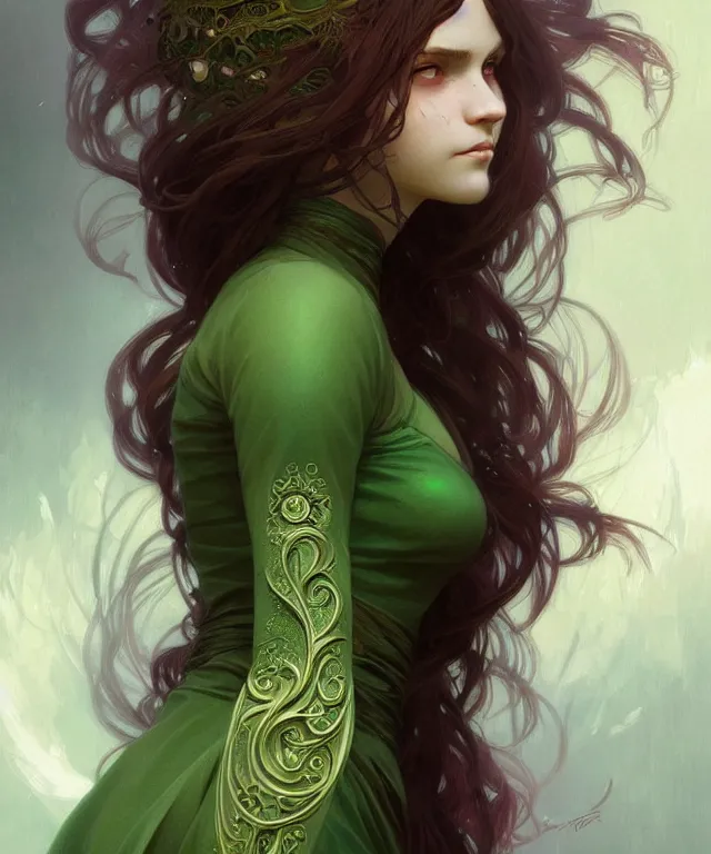 Prompt: Fae teenage girl, portrait, green eyes, face, long hair, fantasy, intricate, elegant, highly detailed, digital painting, artstation, concept art, smooth, sharp focus, illustration, art by artgerm and greg rutkowski and alphonse mucha