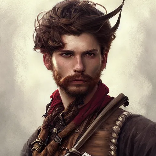 Prompt: portrait of a young pirate, male, rugged, masculine, handsome, upper body, red hair, long hair, D&D, fantasy, intricate, elegant, highly detailed, digital painting, artstation, concept art, cutscene, sharp focus, illustration, art by Artgerm and Greg Rutkowski and Alphonse Mucha