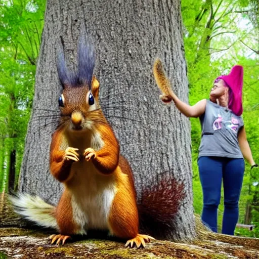 Image similar to a woman giving a nut to a giant squirrel. the squirrel is taller than the woman. 1 8 mm photo