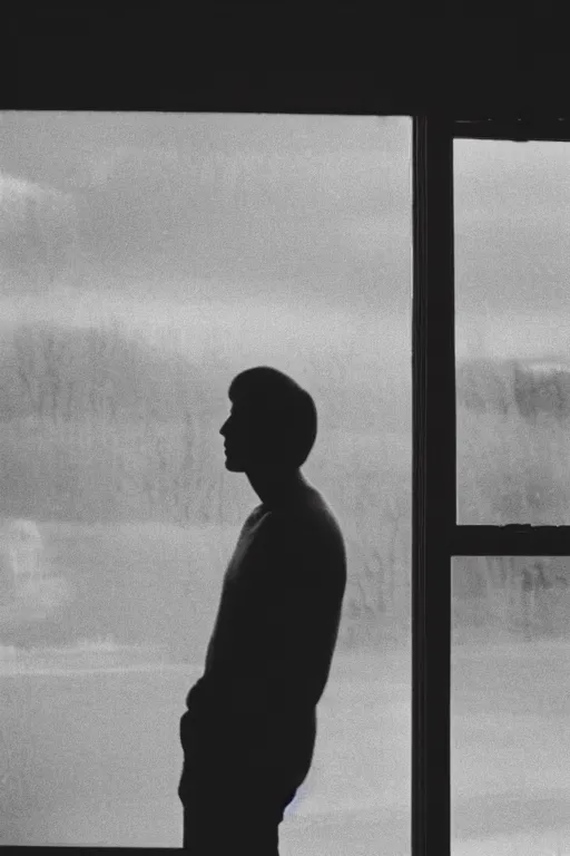 Prompt: a skinny guy looking out a window, lonely, moody, moody vibe, moody aesthetic, lens flare, photo taken on 1 9 7 0 s kodak film