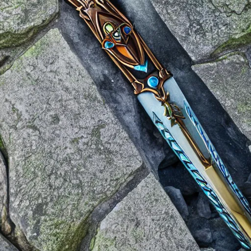 Image similar to legend of zelda master sword stuck in a stone, wide angle view