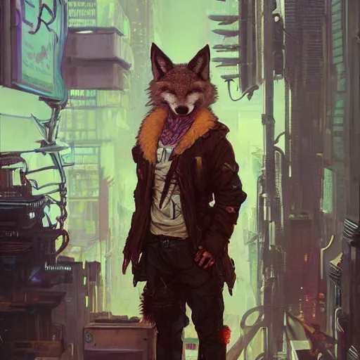 Prompt: anthropomorphic furry coyote character in cyberpunk clothes. Renowned character illustration by greg rutkowski, thomas kindkade, alphonse mucha, loish, norman rockwell. Trending on artstation