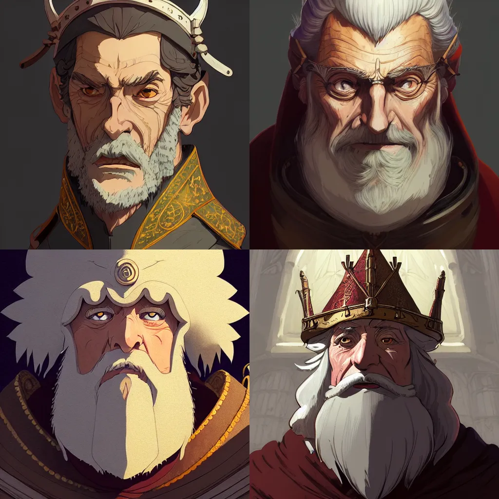 Prompt: portrait of medieval old king, artstation, detailed cartoon, elegant, digital painting, concept art, smooth, sharp focus, illustration, ghibli, makoto shinkai, don bluth, fujita goro, moebius, akihiko yoshida, fadeev 8 k