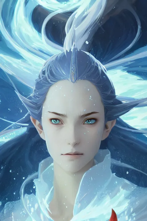 Image similar to elvish female sorcerer doing water magic spells, blue robes, red hair, finely detailed perfect face, exquisite details, mid view, design on a white background, by studio muti, greg rutkowski makoto shinkai takashi takeuchi studio ghibli