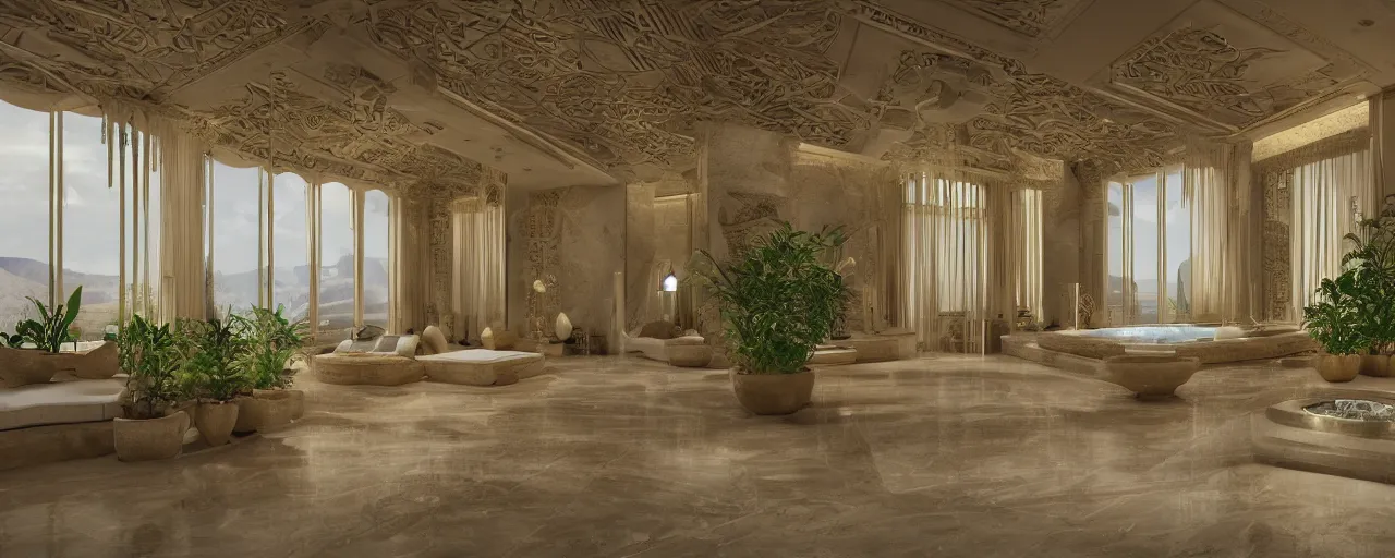 Image similar to 3 d render of a cinematic interior of a triple height hyper luxury spa with everything made of gold, candles, windows with view to desert mountains and river, beige stone marble floor with reflection, small wellness relaxation pool, potted plants, intricate hieroglyph detailed roof, contemporary design, fractal sacred geometry, 8 k, hyperrealistic, photorealism,