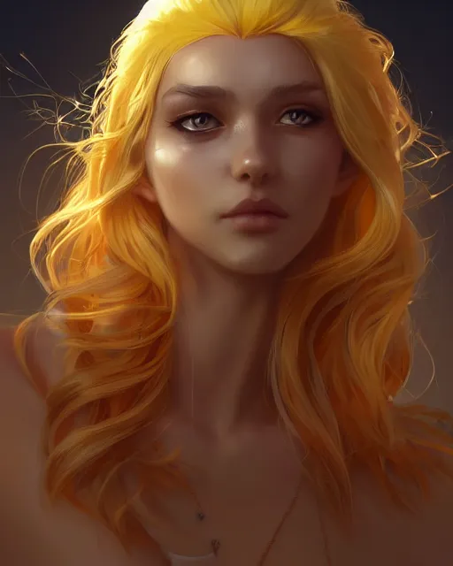 Image similar to a beautiful sun goddess, flowy yellow golden hair, golden eyes, sun, summer, cinematic lighting, highly detailed, digital painting, trending on artstation, pixiv, concept art, sharp focus, illustration, art by ross tran and wlop