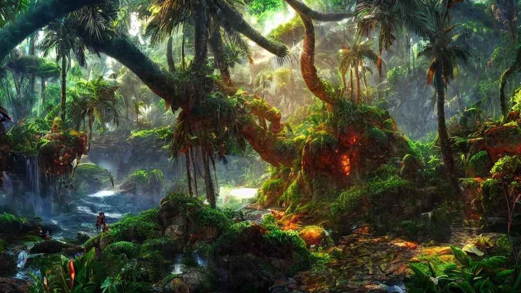 Prompt: tropical forest, fantasy artwork, very very very beautiful scenery, hd, hdr, ue5, ue6, unreal engine 5, cinematic 4k wallpaper, 8k, ultra detailed, high resolution, artstation, award winning