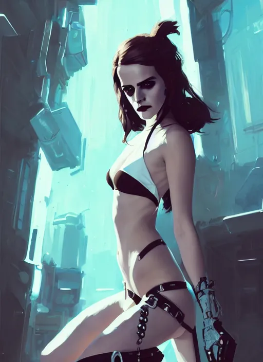 Prompt: portrait of cute goth emma watson in cyber bikini armor, warhammer, cyberpunk, by atey ghailan, by greg rutkowski, by greg tocchini, by james gilleard, by joe fenton, by kaethe butcher, by gustav klimt, dynamic lighting, gradient light blue, brown, blonde cream and white color in scheme, grunge aesthetic
