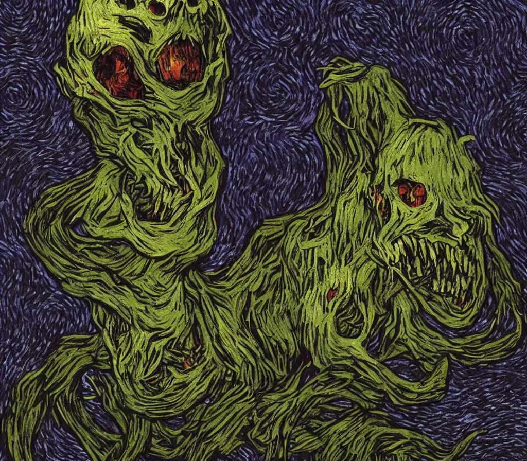 Image similar to a terrifying stawbery monster with sharp teeth in a glowing swamp in the style of van gogh, heavenly, pastel, cute, dark, scary, eerie, trending on artstation, digital art.