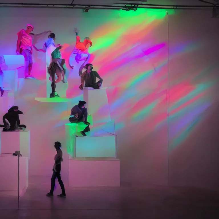Prompt: fluxus performance of gradient cool colors light projection onto several giant human heads in a cramped art gallery, high contrast hyperrealism trending on arstation 8 k