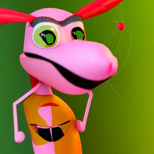 Image similar to light pink mosquito with a long pointy red nose, a green mohawk and green eyebrows wearing a yellow and orange striped t - shirt, cartoon