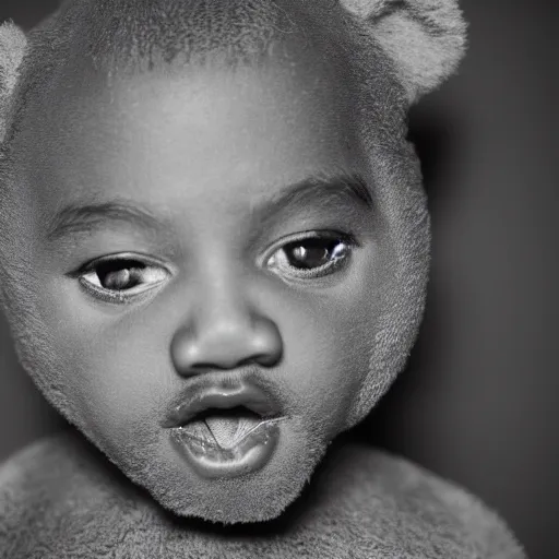 Image similar to ( the face of kanye west ) wearing teddy bear costume at 4 0 years old, portrait by julia cameron, chiaroscuro lighting, shallow depth of field, 8 0 mm, f 1. 8