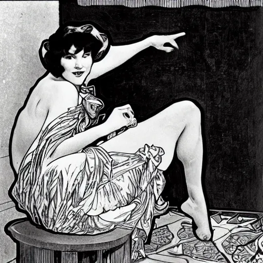 Image similar to Betty Page taking a bath, sharp focus, illustration, art by alphonse mucha