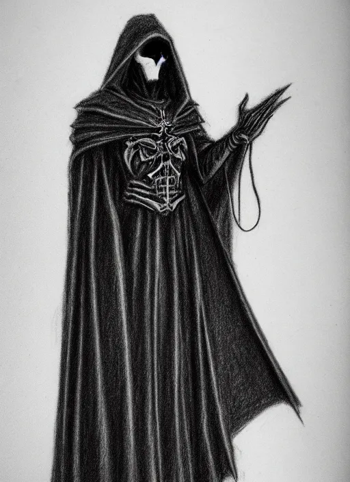 Image similar to pencil ultradetailed sketch of the necromancer, wearing a black cloak, crisp