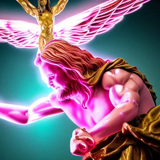 Image similar to photo of fullbody rococo and cyberpunk delicate neon pink sculpture of a hulking herculean muscular onyx albino marble jesus christ as an iridescent humanoid deity, angelic halo, wings, crown of thorns, cinematic lighting, photorealistic, octane render, 8 k, depth of field, 3 d