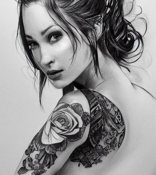 Image similar to tattoo design sketch of a beautiful girl with a faded mountain background, in the style of den yakovlev, black and white, realism tattoo, hyper realistic, highly detailed