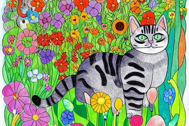 Image similar to cat playing in a garden of flowers, a mix media painting by laurel burch and Leonardo da Vinci and Natalia Goncharova, cluttered , child's drawing, art by Studio Ghibli, anime, thick black lineart