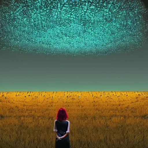 Image similar to a woman standing on steps in a field at night, a hologram by kusama, instagram, optical illusion, full body, ultra hd, neon