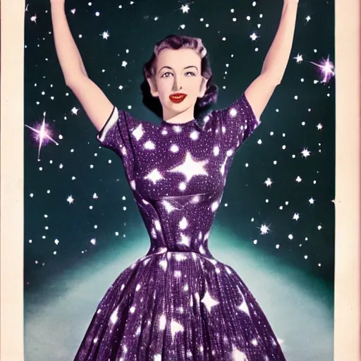 Prompt: A woman whose skin is literally made out of space. Her skin looks like stars. Her body looks like the night sky. She is literally the universe. She is wearing a black and green dress, and standing inside a green mansion. A still from the movie Midnight Crew and the Felt (1946).