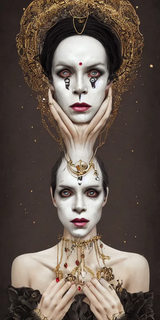 Image similar to realistic character concept, mime with lots of jewelry in the face, elegant pose, scifi, illustration, slender symmetrical face and body, artstation, cinematic lighting, hyperdetailed, cgsociety, 8 k, high resolution, charlie bowater, tom bagshaw, single face, insanely detailed and intricate, beautiful, elegant, golden ratio, dark fractal background, vfx, postprocessing