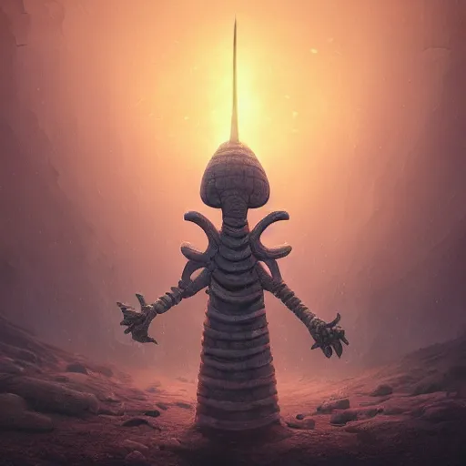 Prompt: squidward as a dark souls boss by Mike Winkelmann