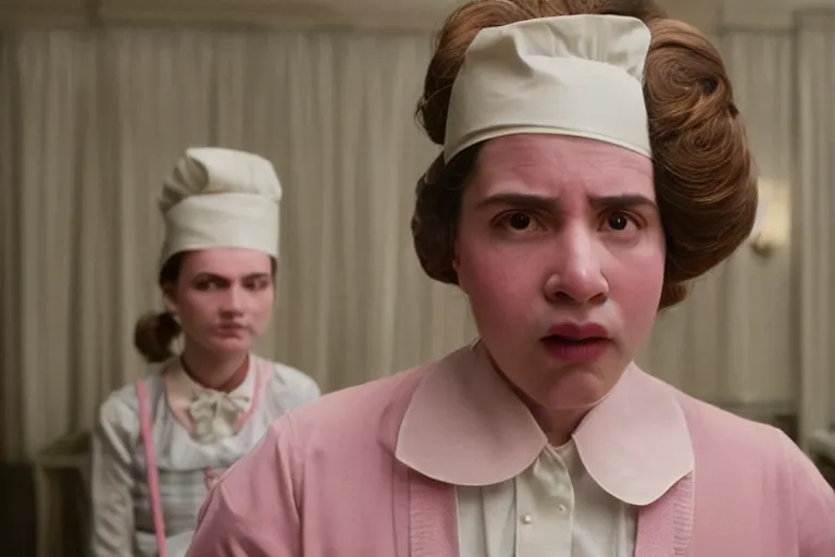 Image similar to mid-shot of as a maid in the new movie directed by Wes Anderson, symmetrical shot, idiosyncratic, relentlessly detailed, pastel, limited pastel colour palette, detailed face, movie still frame, promotional image, imax 70 mm footage, Javi Aznarez