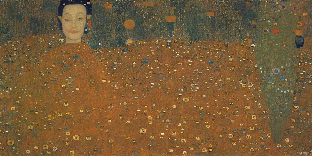 Prompt: a painting of giant buddahs eyes floating in the desert by gustav klimt