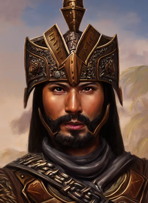 Prompt: smart tai warlord, closeup portrait, beardless, smooth - faced, historical hero, ethnic group, tai costume, bronze headdress, intricate, with leather armor cross on bare chest, elegant, loin cloth, highly detailed, oil painting, artstation, concept art, matte, sharp focus, illustration, hearthstone, art by earl norem