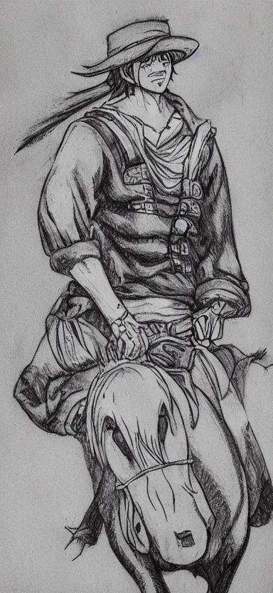 Prompt: “ luffy riding horse, side shot, pen drawing, 8 k resolution, high detailed ”