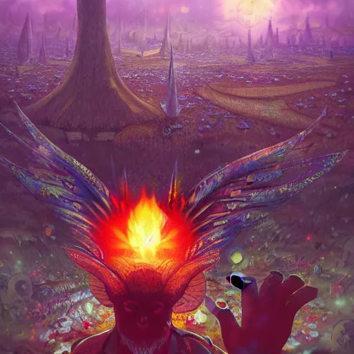 Image similar to 8K centered headshot Portrait of a psychedelic godlike mothman with giant mandala wings smoking a hand-rolled cigarette smoking heavily , magic mushroom village in background , post-processing , award winning. superb resolution. in the art style of Satoshi Kon and Greg Rutkowski . Detailed Mushroom city in background. Hyper realistic anime. Perfect art. Dalle2