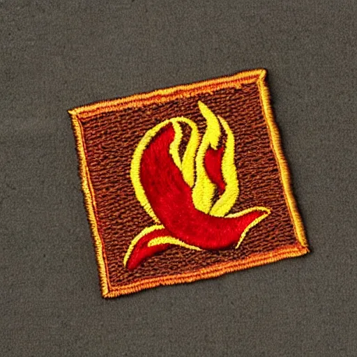 Prompt: an embroidered square patch of a retro minimalist clean chili on fire flames