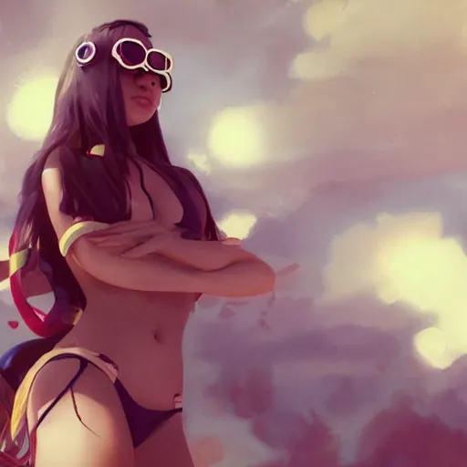 Prompt: a cute girl with googles in a bikini, looking to the sky, cinematic lighting, dramatic atmosphere, artwork by dustin nguyen, akihiko yoshida, greg tocchini, greg rutkowski, cliff chiang, 4 k resolution, trending on artstation, octane render