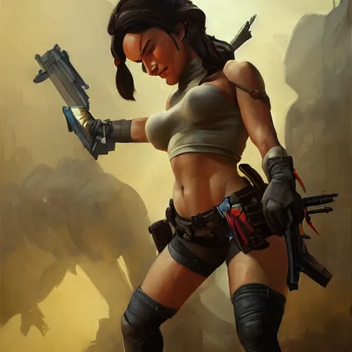 Image similar to greg manchess portrait painting of armored lara croft as overwatch character, medium shot, asymmetrical, profile picture, organic painting, sunny day, matte painting, bold shapes, hard edges, street art, trending on artstation, by huang guangjian and gil elvgren and sachin teng