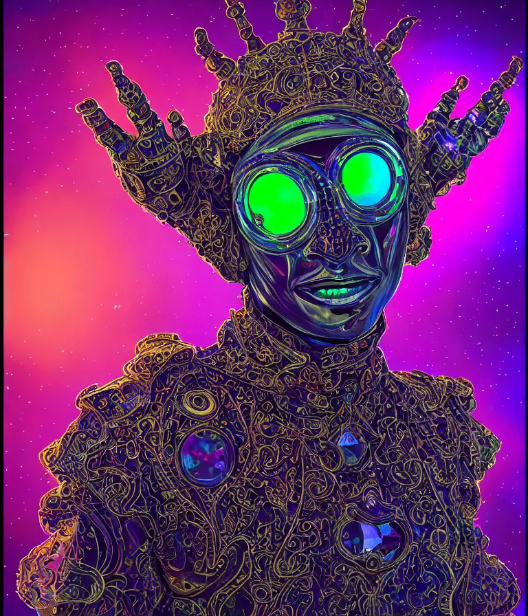 Image similar to front!!! shot of a court jester!!! character, hyperdimensional, (bioluminescent) hypercubes, dark holography!!!, (sunset) (psychedelic), chrome, (((intricate))), elegant, highly detailed, centered, (((artstation, concept art, smooth, sharp focus, artgerm, Tomasz Alen Kopera, Peter Mohrbacher, donato giancola, Joseph Christian Leyendecker, WLOP, Boris Vallejo))), mugshot!!!!!, ugly!!!!!!, octane render, nvidia raytracing demo, octane render, nvidia raytracing demo, octane render, nvidia raytracing demo, grainy, muted, 8K, digitalblasphemy, metatron