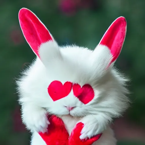 Prompt: an adorable crimson bunny creature with heart patters on its fur