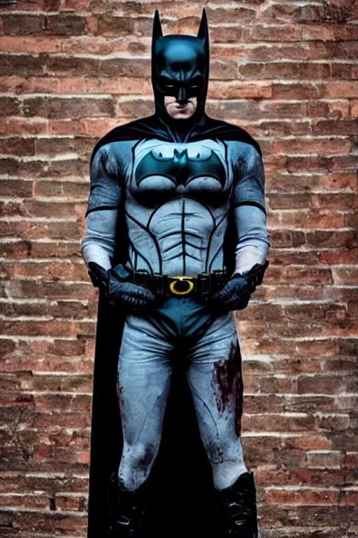 Image similar to batman cosplay, creepy, disturbing, bloody, darkness, grainy