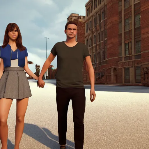 Prompt: highly detailed full body unreal engine 5 render of a woman and a man holding hands