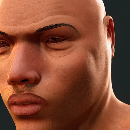 Image similar to a close up of a person with a bald head, a character portrait by Pogus Caesar, cgsociety, afrofuturism, rendered in unreal engine, unreal engine 5, unreal engine,