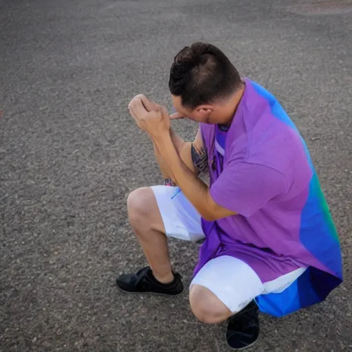 Image similar to lgbt man kneeling on the ground crying, his hands on the ground, holding an lgbt flag, tears coming down his eyes